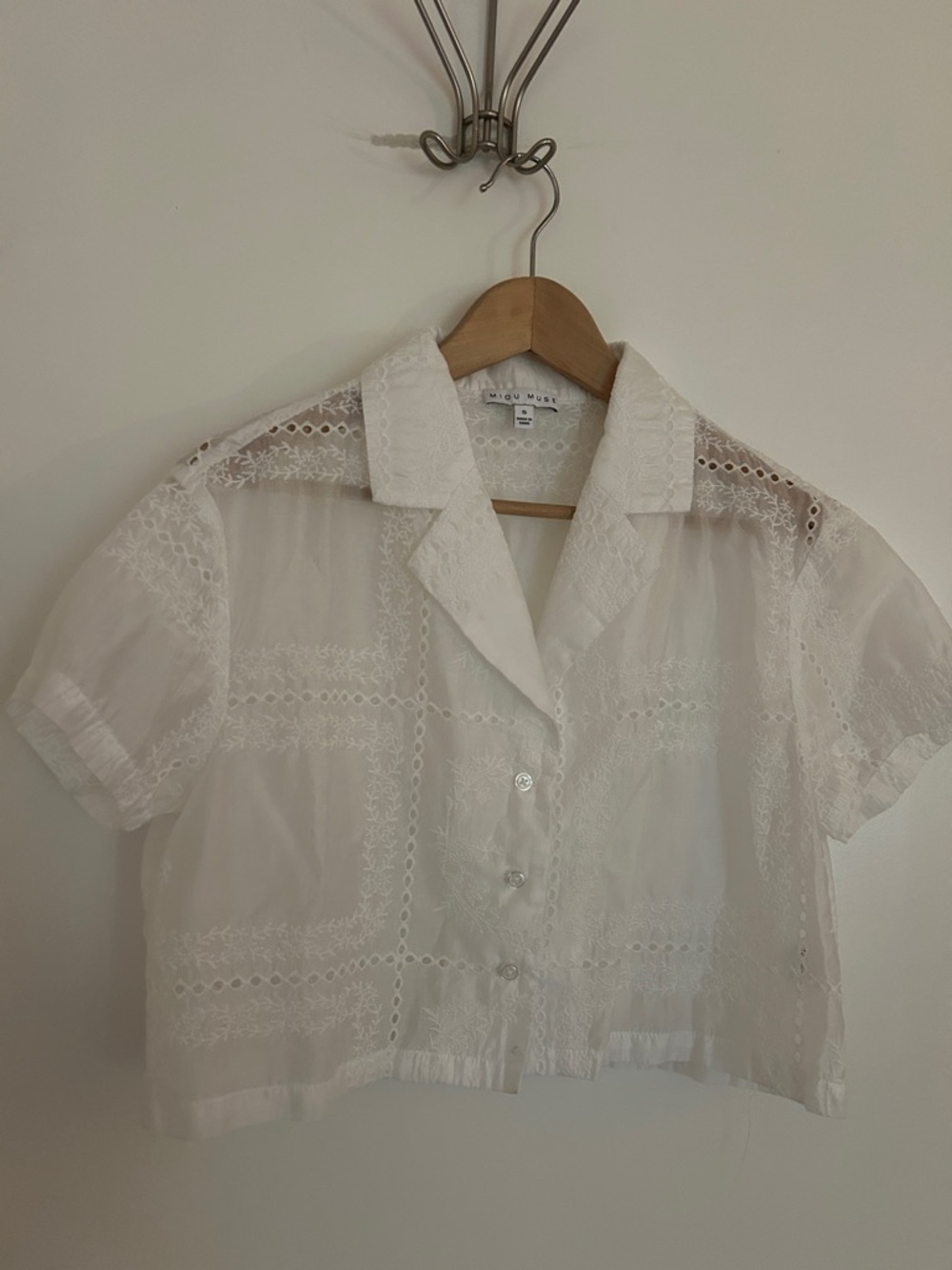 Sheer White Crochet-Panel Short Sleeve Button Cropped Blouse